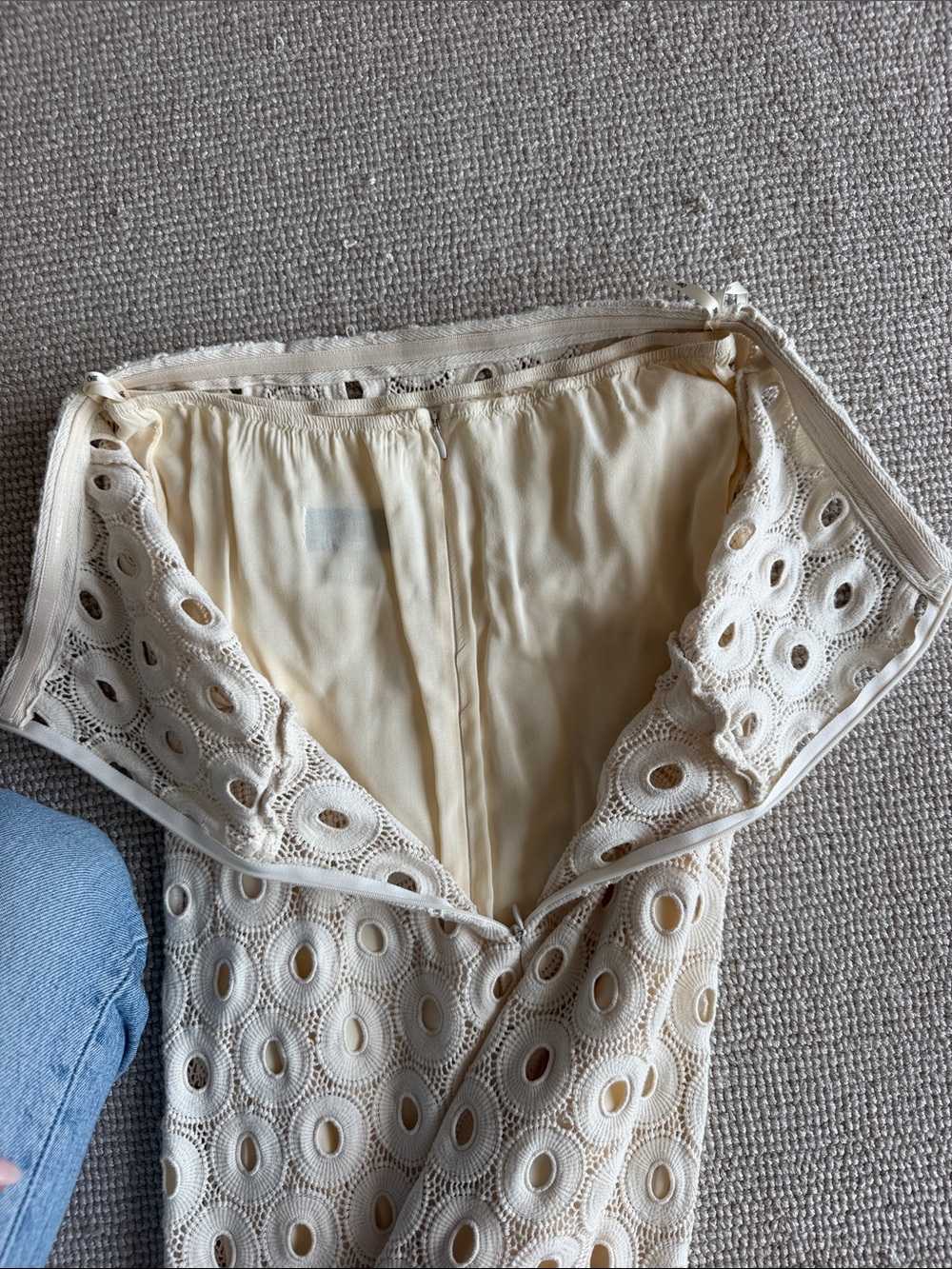 Strapless Cream Lace Midi Dress with Circular Eyelet Detail - Picture 3 of 5